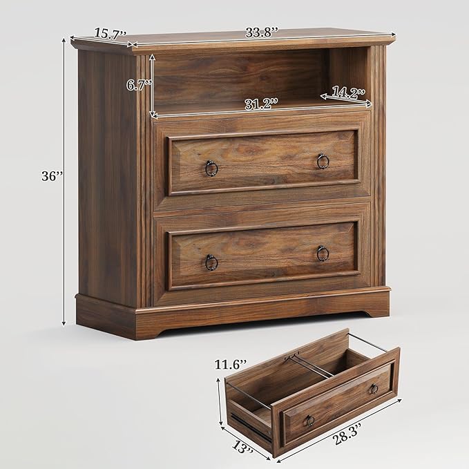 Itaar 2 Drawer File Cabinet, Farmhouse Filing Cabinet for Home Office Fits Letter, Legal, A4 Size, Wood Lateral File Cabinet with Printer Stand, Storage Shelf, Brown