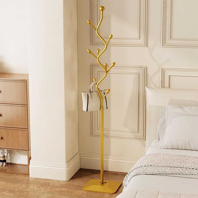 Tree-shaped coat rack stand,Metal coat tree with 8 Hooks and sturdy cast iron base,Heavy Duty coat rack freestanding coat hanger stand for Clothes Hats Scarfs Purses (gold)-DeskLoop Office