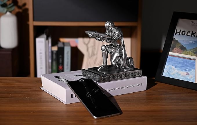 Windbreaker Soldier Knight Pen Holder Personalized Desk Accessory, Mobile Phone & Gaming Controller Holder, Device Stand Gift for Medieval Enthusiasts (Silver)-DeskLoop Office