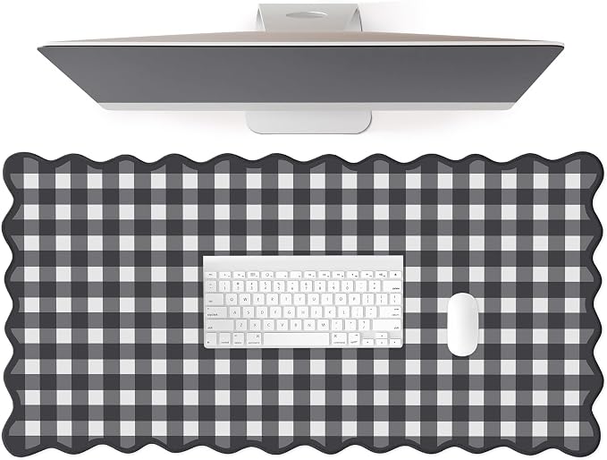 Scalloped‌ Black Desk Mat Checkered Gingham Cute XXL Large Gaming Mouse Pad by Unknown