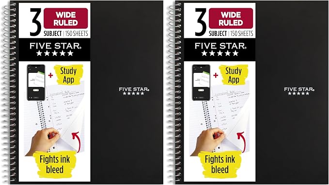 Five Star Spiral Notebook, 3 Subject, Wide Ruled by FiveStar