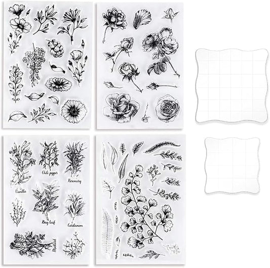 UCEC 4 Sheets Clear Stamps Set for Card Making, Vintage Plants Flowers Rubber by UCEC