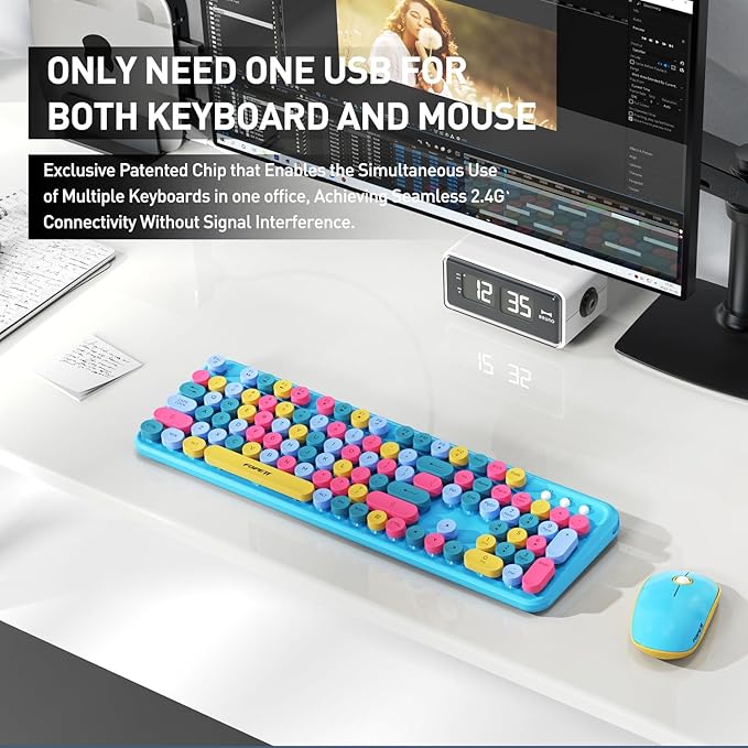 Keyboard and Mouse Wireless,Cute Retro Wireless Keyboard Mouse Combo with Round Key,2.4Ghz Dropout-Free Connection,Typewriter Wireless Keyboard Mouse Set for PC Laptop Desktop Computer-Blue Colorful-DeskLoop Office