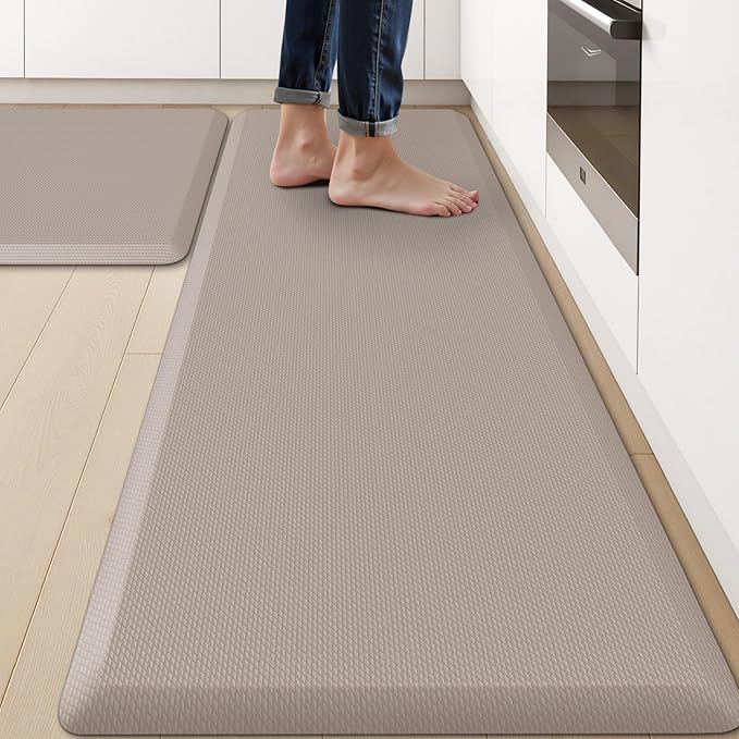 KitchenClouds 2PCS Kitchen Rugs Cushioned Anti-Fatigue Non-Slip Waterproof Kitchen Mat Comfort Foam Standing Mat for Floor Office Sink Laundry (Khaki)-DeskLoop Office