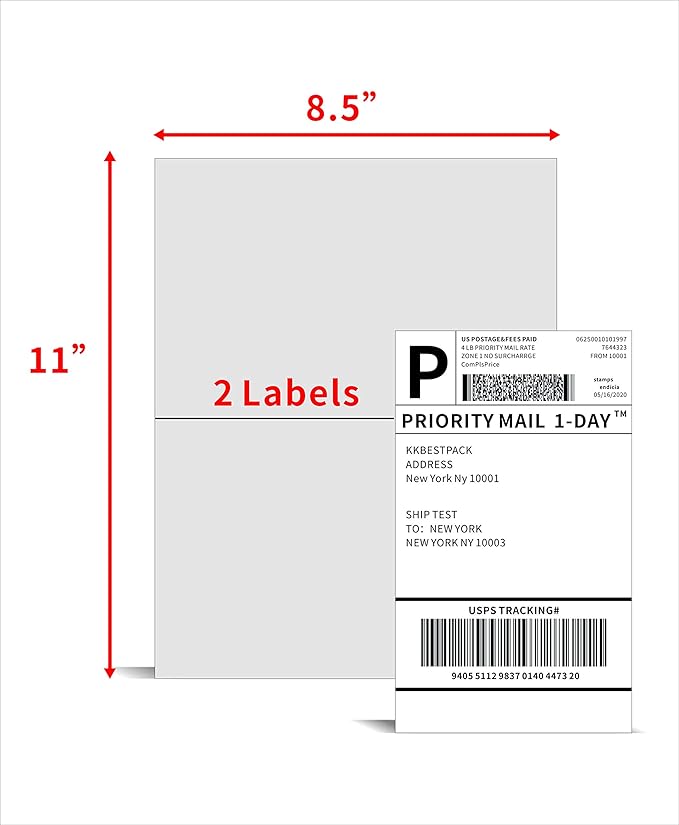 KKBESTPACK Half Sheet Shipping Labels for Laser and Inkjet Printers – 2 Per Page Self Adhesive Mailing Labels – White 8.5 x 5.5 (200 Labels) (2LP)-DeskLoop Office