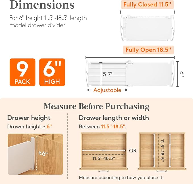 Lifewit 6" Tall 9 Pack Drawer Dividers, 11.5"-18.5" Adjustable Deep Drawer - Image 2