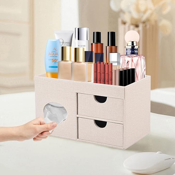 Square Tissue Box Cover with Drawers, Tissue Box Holder with Storage Tray - Image 2