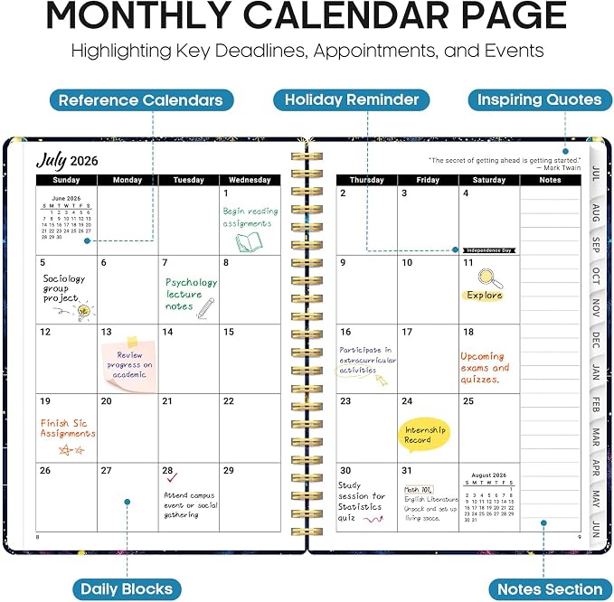 Planner 2026–2027, Academic Monthly Weekly Spiral Calendar, July 2026 – June - Image 2