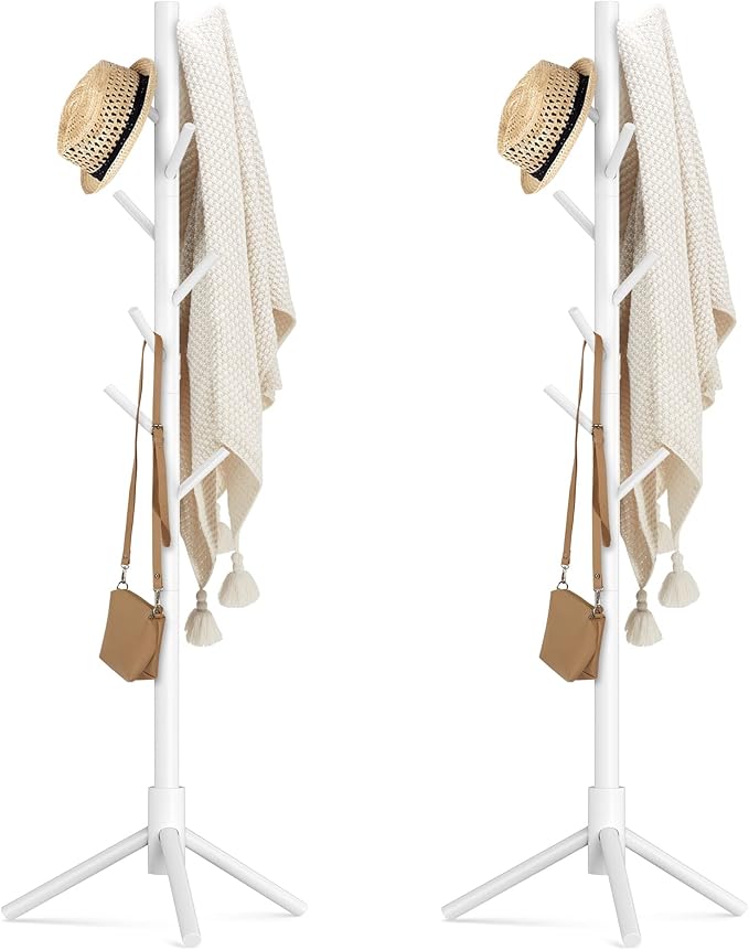 Haddockway Wooden Coat Rack Stand with 8 Hooks New Zealand Pine 3 Adjustable Coat Standing Tree Easy Assembly for Coats, Hats, Scarves and Handbags for Entryway, Hallway, Bedroom, Office,2 PCS-DeskLoop Office