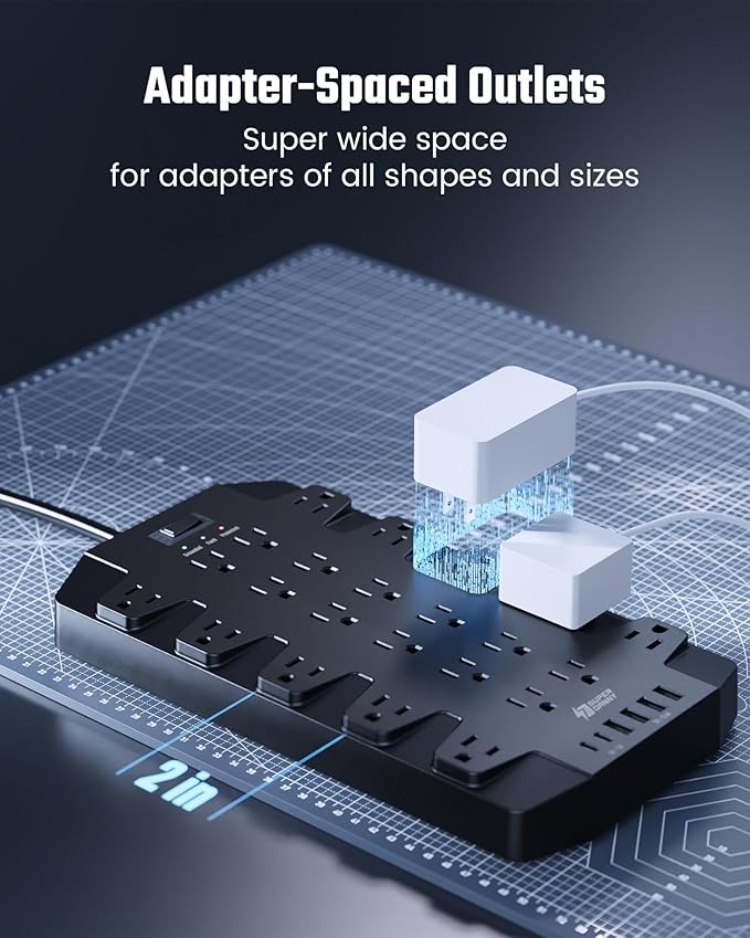 15 Ft Extension Cord Power Strips with Surge Protection, SUPERDANNY Surge Protector with 22 Outlets, 2 USB-C and 4 USB-A, 2100J, 15Ft Flat Plug Heavy Duty Extension Cord (1875W/15A) for Office, School-DeskLoop Office