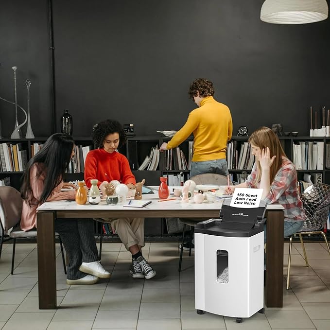 150 Sheet Auto-Feed Paper Shredder, Micro Cut P-5 Super High Security (5/64 x 19/32 inches), Large 6-Gallon Bin, 20 Mins Continuous Run, 55dB Ultra-Quiet for Home Office Use, White-DeskLoop Office