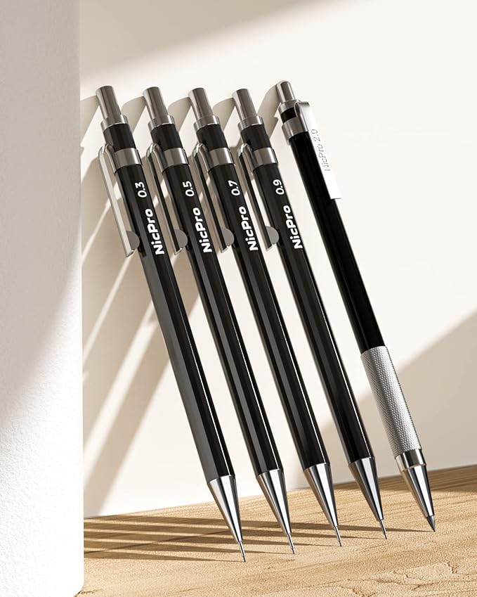 Nicpro Black Art Mechanical Pencil Set in Case, Metal Drafting Pencils 0.3, 0.5, 0.7, 0.9 & 2mm Graphite Holders (2H HB 2B 4B Colored Lead) for Sketching Drawing with 9 Lead Refills, 2 Erasers