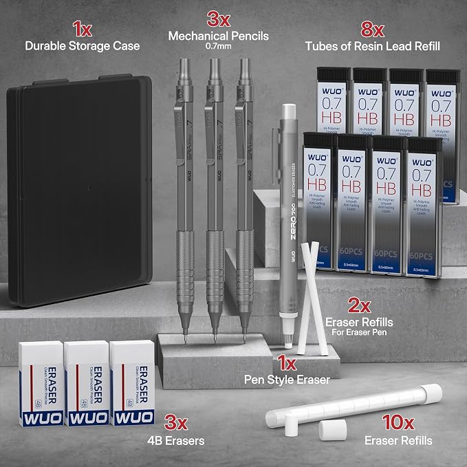 WUO 0.7mm Mechanical Pencil Set, 3 Grey Metal Drafting Pencils - Image 7