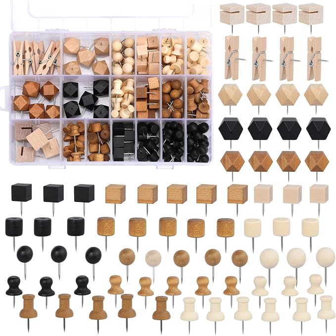 196 Pcs Thumb Tacks, Push Pins for Cork Board, Wooden Push Pins, Wooden Thumb by Zlulary