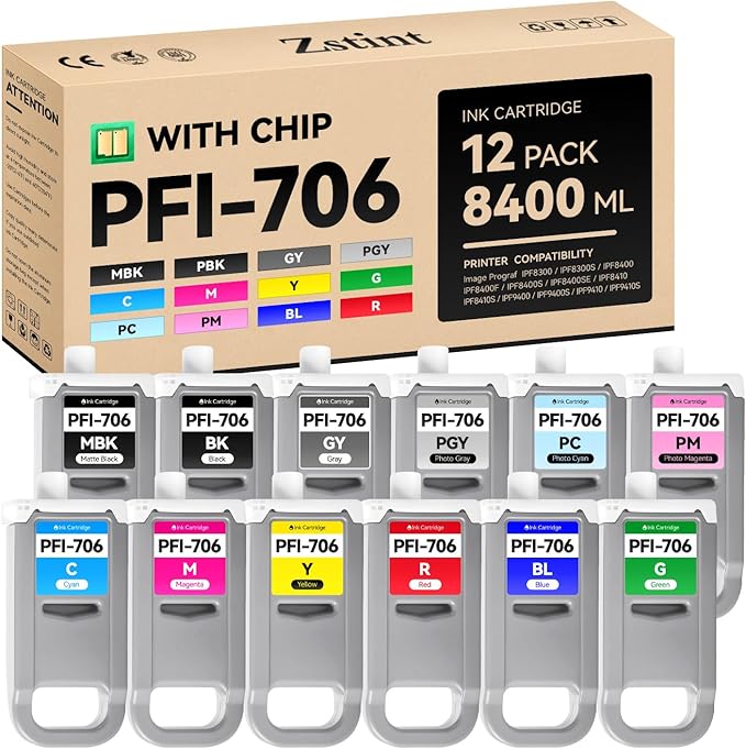 PFI-706 Pigment Ink Tank 12-Pack 700ml Ink Cartridges Compatible with Canon ImagePROGRAF iPF8300 iPF8300S iPF8400F iPF8400S iPF8400SE iPF9400 iPF9400S iPF8400 iPF8410 iPF9410 iPF8410S iPF9410S Printer-DeskLoop Office