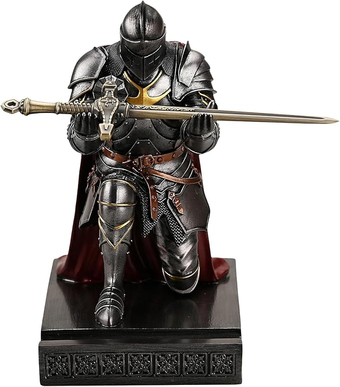 Medieval Armored Warrior Wearing Outerwear, Mobile Phone Stand Knight Pen Holder Desk Organizers, Resin Bookends Paperweight with a Letter Opener for Desk (Iron)-DeskLoop Office