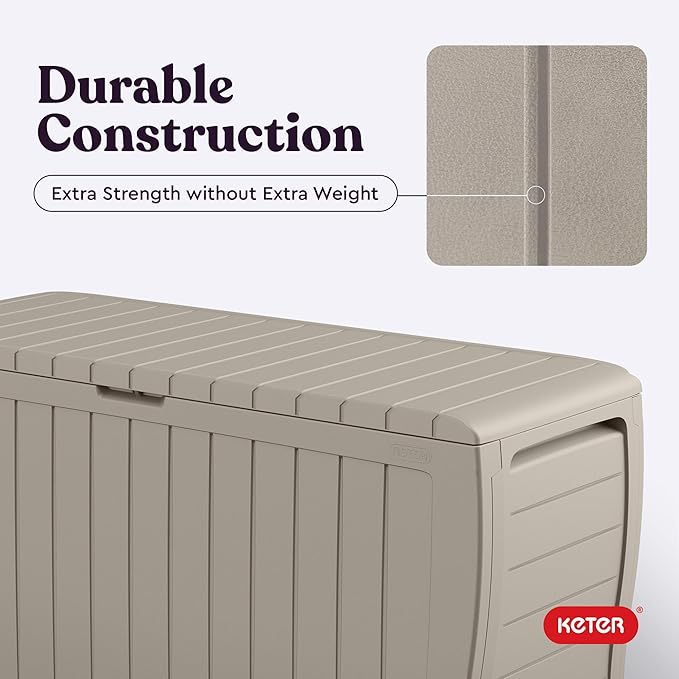 Keter Marvel Plus 71 Gallon Resin Deck Box-Organization and Storage for Patio Furniture Outdoor Cushions, Throw Pillows, Garden Tools and Pool Floats, Beige-DeskLoop Office