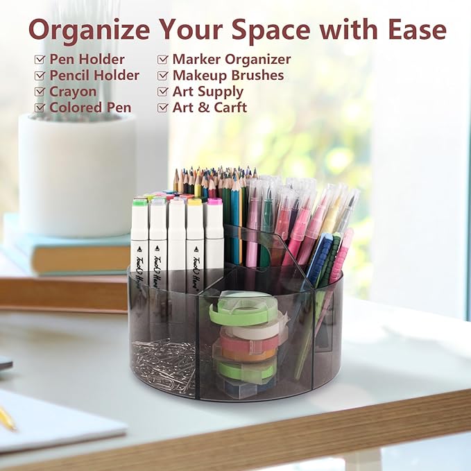 Absonic Acrylic Pen Holder Crayon Organizer for Kids, 6 Slots Arts and Crafts Organizer Marker Caddy Organizer for Classroom, 360 Rotating Pencil Holder Art Supplies Storage for School Office Grey-DeskLoop Office
