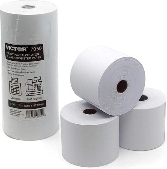 Victor 7050 Compact White Paper Rolls for Handheld and Portable Printing Calculators/Adding Machines/Ink Print Cash Registers 2.25” W x 150' FT (3-Pack)-DeskLoop Office