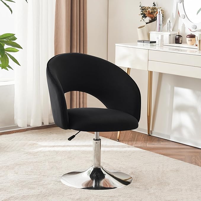 Furnimart Adjustable Black Vanity Chair with Back, Velvet Makeup Chair Swivel Accent Chair with Chrome Frame Hollow Backrest, Side Chair for Living Room, Makeup Room, Bedroom (Black)-DeskLoop Office