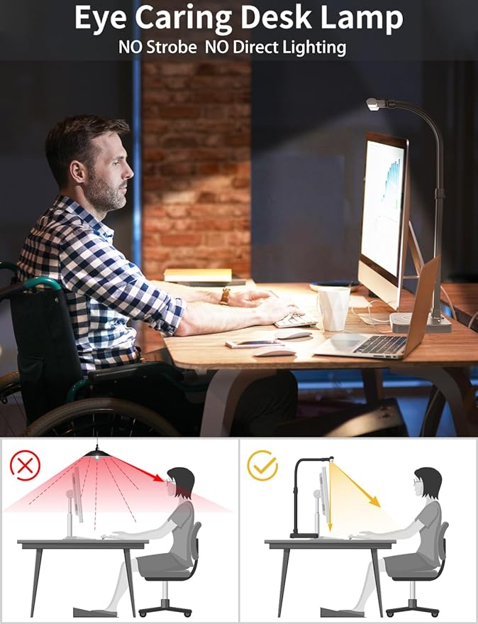 LED Desk Lamp for Home Office, Double Head 24W with Base, Architect Light 5 Lighting Brightness Flexible Gooseneck Table Reading Study, Black-DeskLoop Office