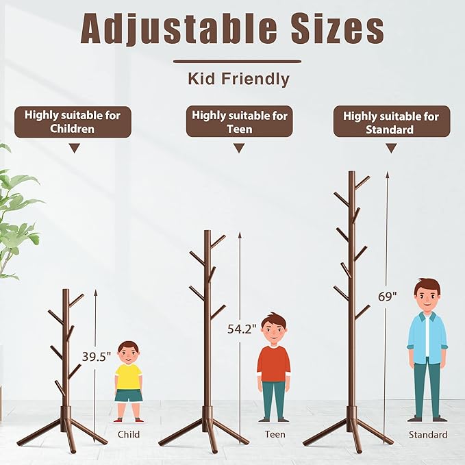 Haddockway Wooden Coat Rack Stand with 8 Hooks New Zealand Pine 3 Adjustable Coat Standing Tree Easy Assembly for Coats, Hats, Scarves and Handbags for Entryway, Hallway, Bedroom, Office-DeskLoop Office