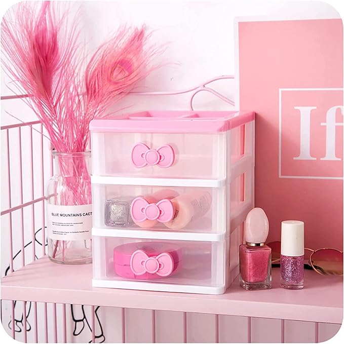 3 Drawers Small Pink Plastic Drawers Organizer, Kawaii Mini Desktop Storage - Image 2