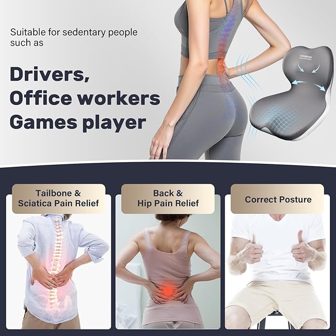 Coverado Seat Cushion and Lumbar Support Pillow One Piece for Car Office Chair, Ergonomic Memory Foam Desk Chair Cushion Back Support Pillow, Sciatica & Back & Tailbone Pain Relief Cushion-Gray-DeskLoop Office