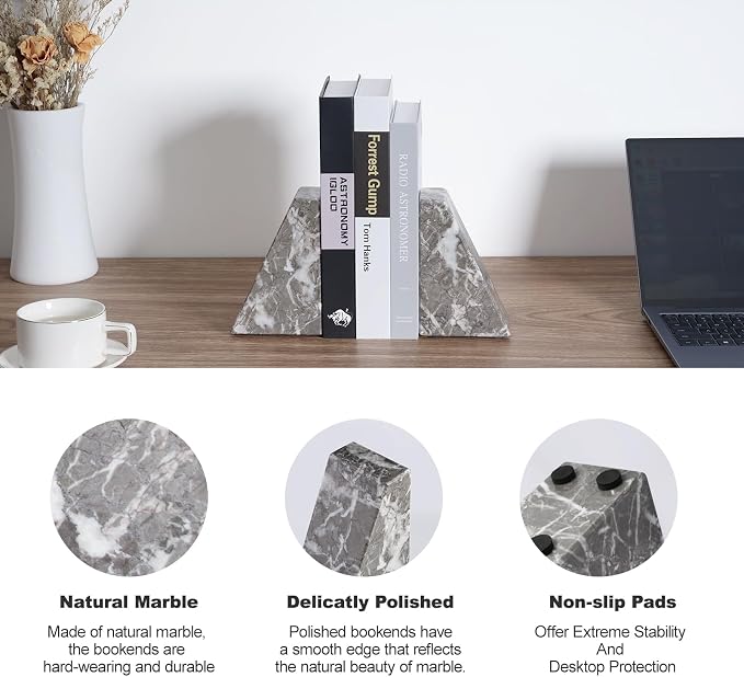 Marble Bookends for Heavy Books, Decorative Bookends for Shelves, Durable and - Image 3