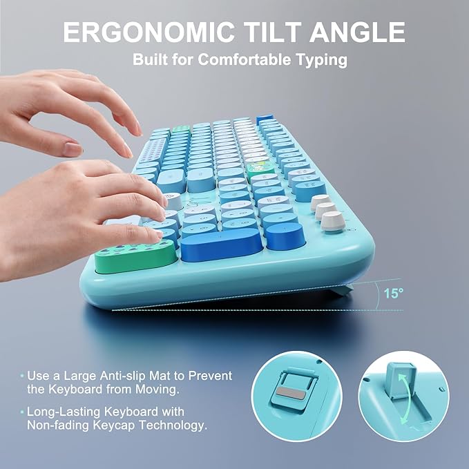 FOPETT Wireless Keyboard and Mouse Combo - 2.4G Full-Sized Cute Colorful Retro Keyboard with Round Keycaps 104 Keys Typewriter Keyboard for Laptop/Windows/PC-Blue Colorful-DeskLoop Office