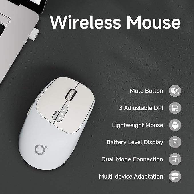 EWEADN Q5 Wireless Mouse, Bluetooth & 2.4G Quiet Computer Mouses with 1600 DPI, Battery Level Display, Ergonomic Office Mouse,6 Button Portable Cute Cordless Mice for Laptop/PC/Mac- Grey-DeskLoop Office