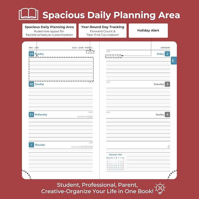 IN-LUXPRO Planner 2026 Daily Weekly and Monthly, 6.5"x3.75", 12 Months Spiral - Image 3
