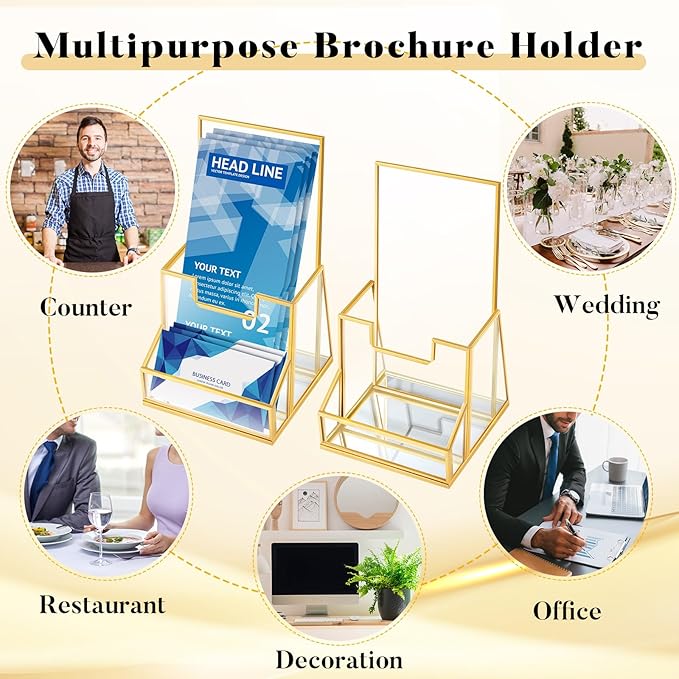 2 Pcs 4 Inches Gold Glass Brochure Holder Countertop Literature Trifold Pamphlet Stand with Business Name Card Holder Flyer Brochure Display for Magazine, Booklets, Menu, Journals Display-DeskLoop Office