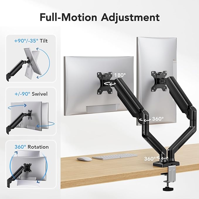 HUANUO Dual Monitor Mount for 2 Monitors up to 32 inches, Each Arm Holds Max 22lbs, Dual Monitor Stand with Gas Spring System, Height-Adjustable/Tilt/Swivel/Rotate, VESA Standard 75mm or 100mm-DeskLoop Office