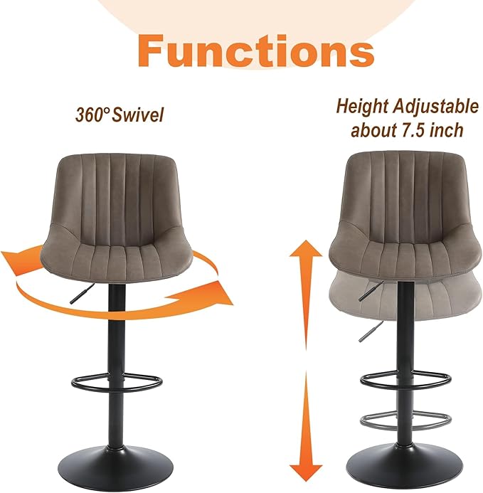 Bar Stool Set of 1, Adjustable PU Leather Bar Chairs, Swivel Counter Height Barstools with Back, Modern Armless Kitchen Island Stool, Brown-DeskLoop Office