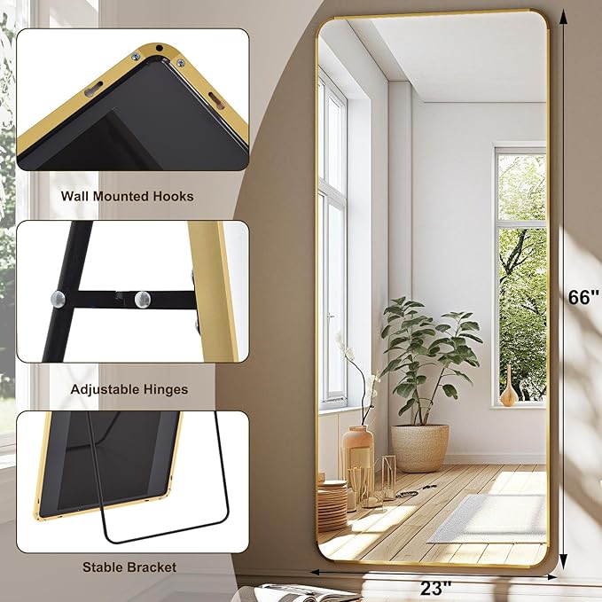 HARRITPURE 66x23 inch Rounded Full Length Mirror Aluminum Frame Mirror Full Length Floor Mirror with Stand for Living Room Bedroom Cloakroom,Gold-DeskLoop Office