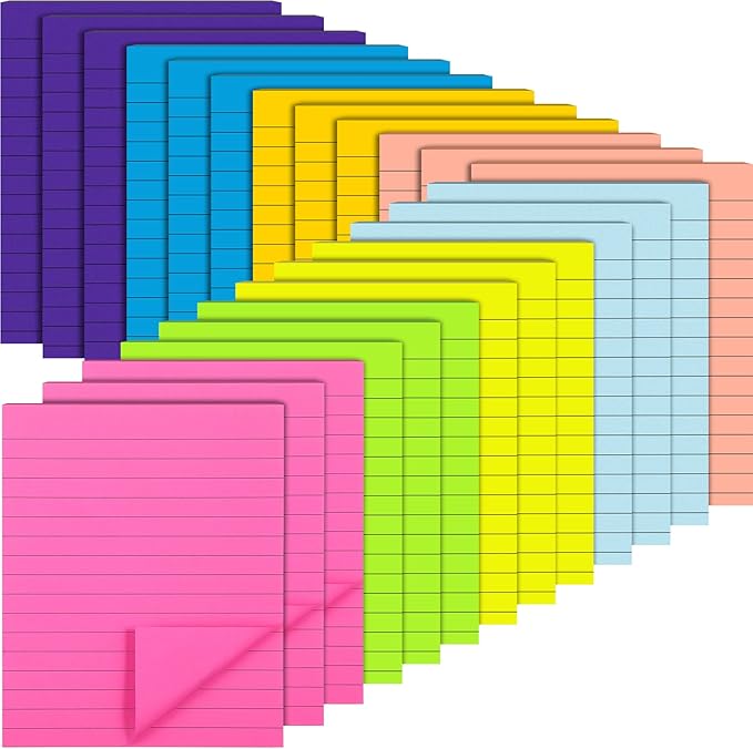 24 Pack Lined Sticky Notes 4 x 6 Inch Colorful Sticky Note Pads with Lines Bright Ruled Self Sticky Notes Memo Pad for Office Home Supplies, 50 Sheets per Pad, 1200 Sheets, 8 Colors-DeskLoop Office