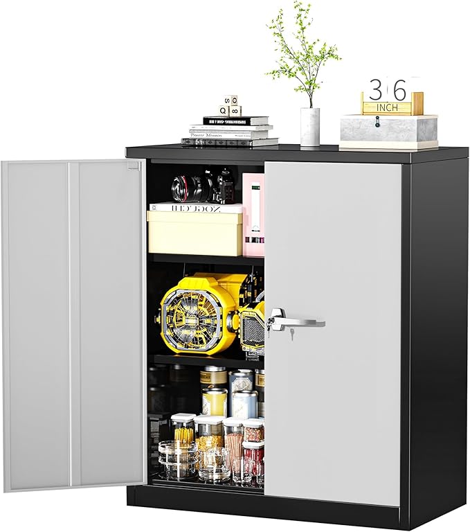 Greenvelly Metal Garage Storage Cabinet, Lockable Metal Cabinets with 2 Doors and Shelves,36” Steel Storage Locking Counter Cabinet for Office,Garage,Kitchen,Home,School(Black Grey)-DeskLoop Office