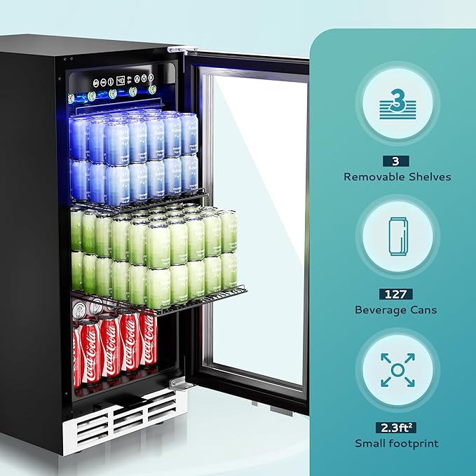 EUHOMY 15 Inch Beverage Refrigerator Cooler Under Counter 127 Cans Beverage Fridge Built-in or Freestanding with Glass Door, LED Light, Beer Fridge for Soda, Water, Wine - Home Kitchen Bar.-DeskLoop Office
