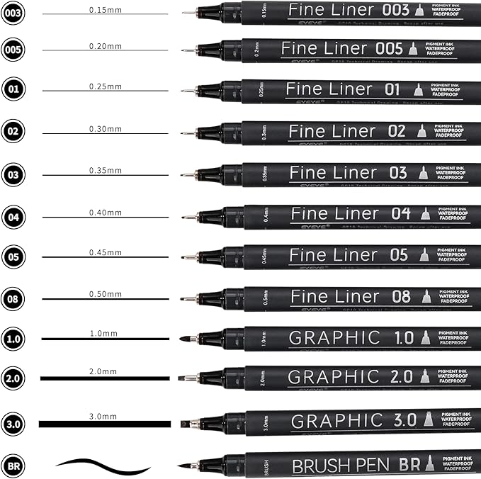 EYEYE Micro Fineliner Pens, Black Drawing Art Pens,12 Archival Pen Waterproof Ink Set Artist Supplies Archival Inking Markers Sketch Outline Pen, Precision Drawing and Sketching Kit-DeskLoop Office