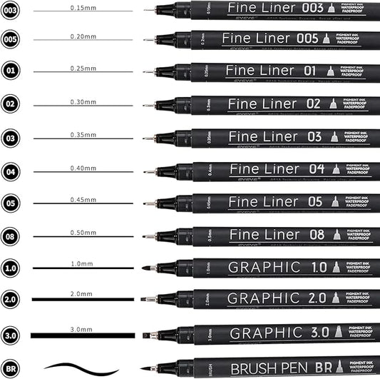 EYEYE Micro Fineliner Pens, Black Drawing Art Pens,12 Archival Pen Waterproof Ink Set Artist Supplies Archival Inking Markers Sketch Outline Pen, Precision Drawing and Sketching Kit-DeskLoop Office