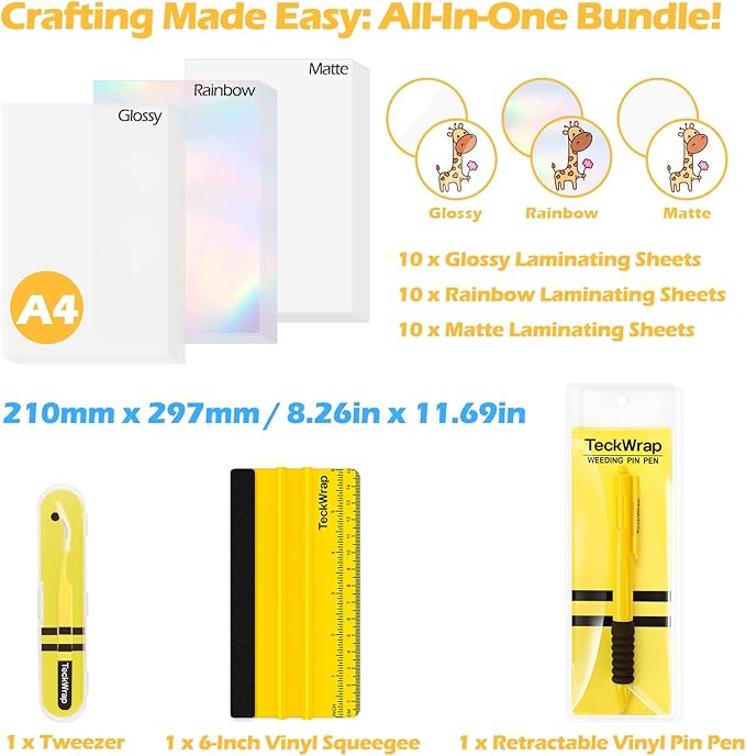 TECKWRAP Laminating Sheets Sticker Paper Laminate Sheets for Photo Paper Inkjet Printable Vinyl Squeegee Tools A4 30PCS Clear Overlay Transfer Paper, Matte Lamination Sheets, Holographic Stickers-DeskLoop Office