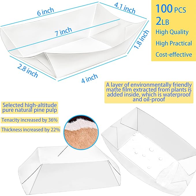 100 Pack 2lb Kraft Paper Food Trays, Waterproof Heavy-Duty Paper Food Boats - Image 2