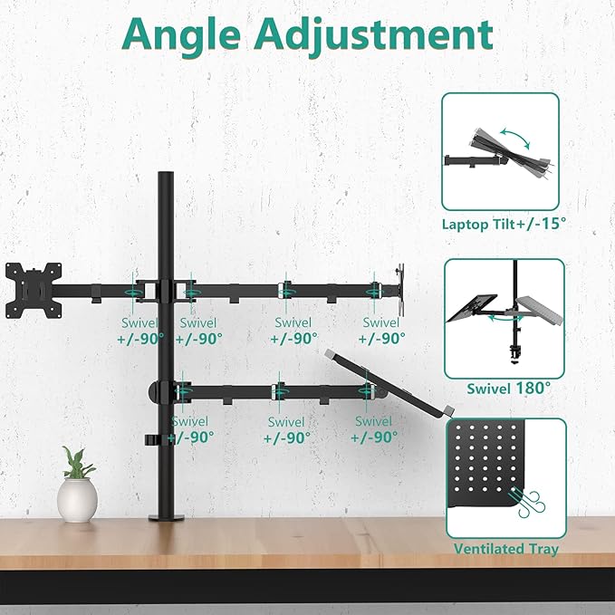 WALI Dual Monitor Stand, Laptop and Monitor Stand for 2 Screen 1 Laptop Notebook, Extra Tall Desk Mount for Monitor up to 27 inch, Notebook up to 17 inch (M002XLLP), Black-DeskLoop Office