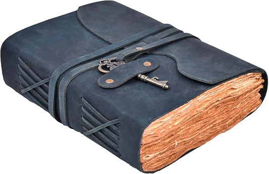LEATHER VILLAGE Vintage Leather Journal – 200 Handmade Vintage Deckle Edge Paper – Leather bound Journal For Women Men – Vintage Key Closure - Book of Shadows - Blue - 13X8 inches