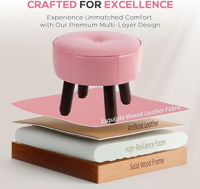 Small Foot Stool Round Pouf Ottoman, 13'' Leather Foot Rest with Non-Skid Rubber Legs, Foolstool Ottomans for Couch, Sofa Footrest Step Stool for Living Room Bedroom Entryway Office, Pink-DeskLoop Office