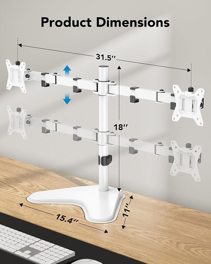HUANUO 32 inches Dual Monitor Stand up to 17.6lbs, High-Grade Aluminum Free-Standing Dual Monitors Mount for 2 Screens. Fully Adjustable Dual Monitor Stand for Desk with Tilt, Swivel, Rotation, White-DeskLoop Office