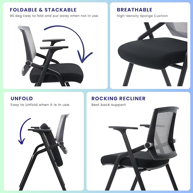 2 Pack Stackable Conference Room Chairs with Paddle Folding Office Chair Foldable Desk Chair Mesh Back and Arms for Conference Meeting Guest Reception Home Office Training Room Chair-DeskLoop Office