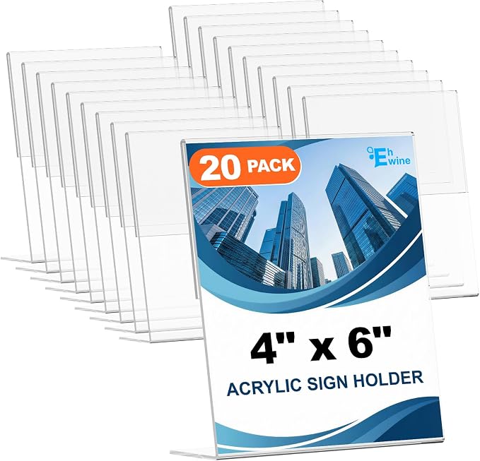 EHWINE 20 Pack Acrylic Sign Holder 4 x 6, L Shape Clear Plastic Display Stand by EHWINE