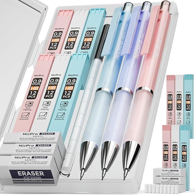 Nicpro 3PCS Pastel Mechanical Pencil Set, 0.9 Mechanical Pencil by Nicpro